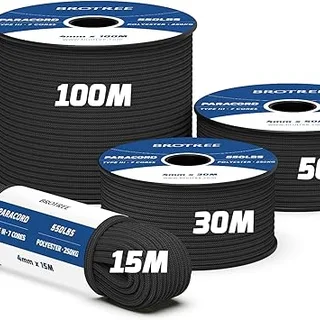 Brotree 550 Paracord 4mm 30m Cuerda Paracaidas 100% Poliéster Tipo III 7 Hebras para Al Aire Libre, Exterior, Supervivencia - Negro