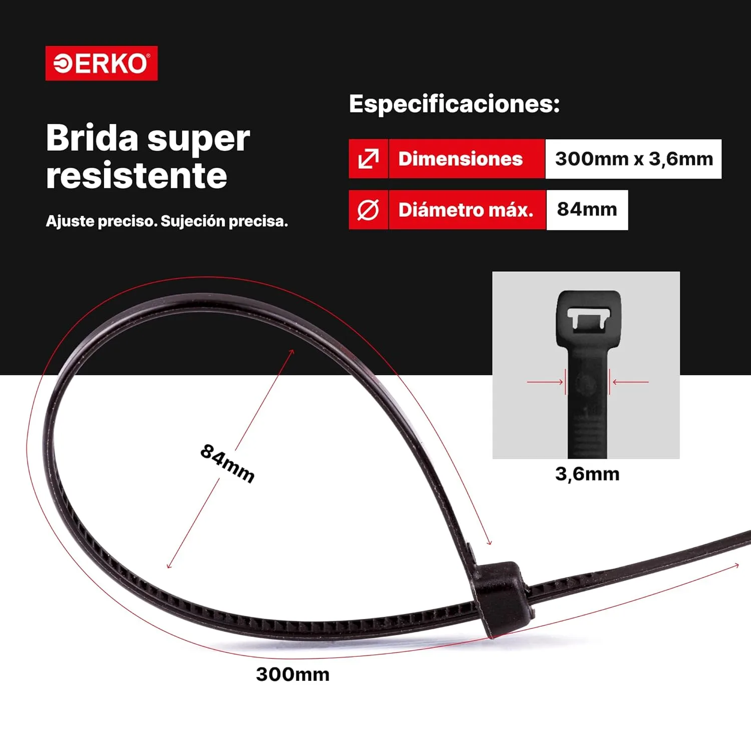 Bridas para Cables Negras 100 ud. - 300 x 3,6 mm UV 3