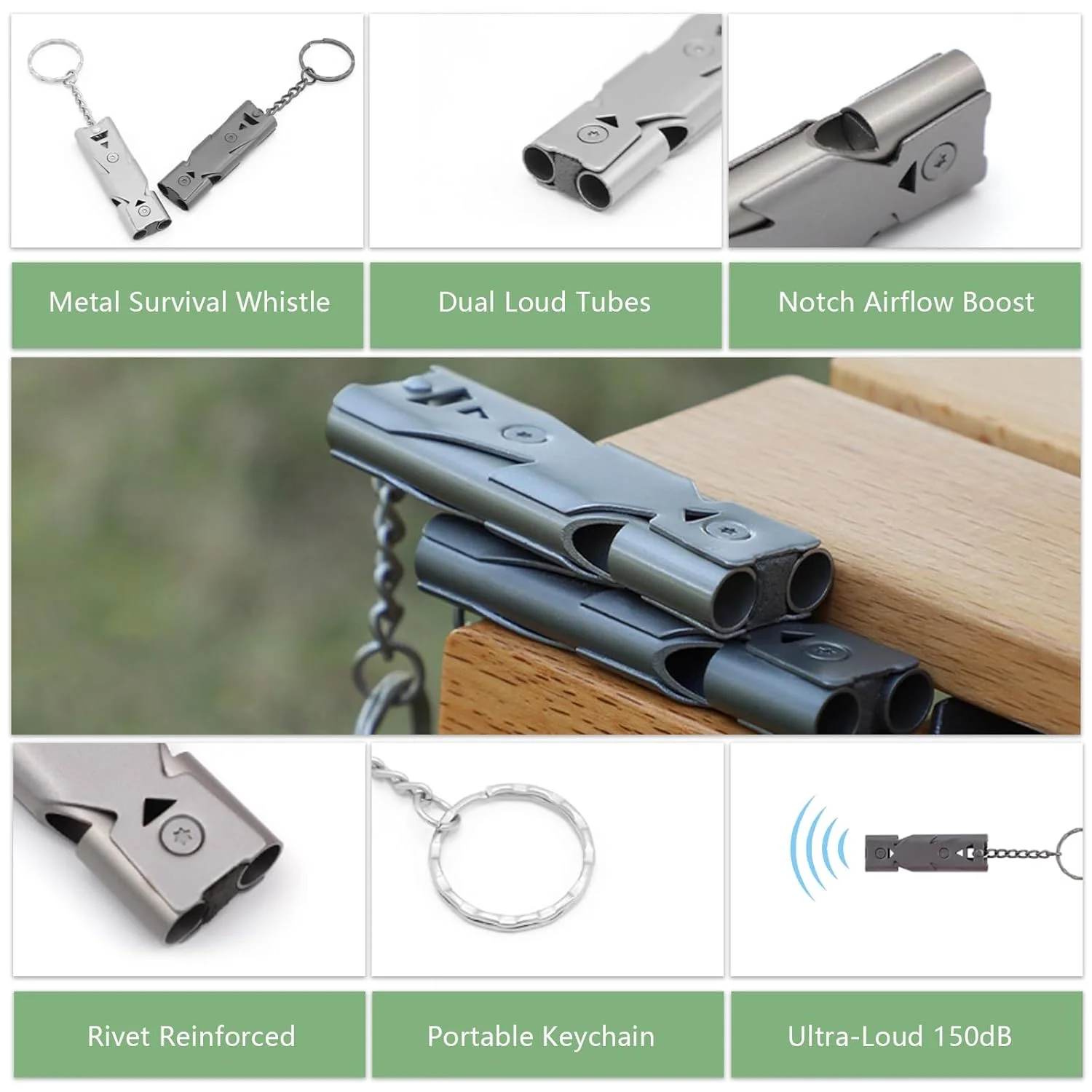 Silbato de supervivencia de metal, 2 unidades – Silbato de emergencia exterior de acero inoxidable con llavero, alta frecuencia 150 dB, ideal para camping, senderismo, ayuda