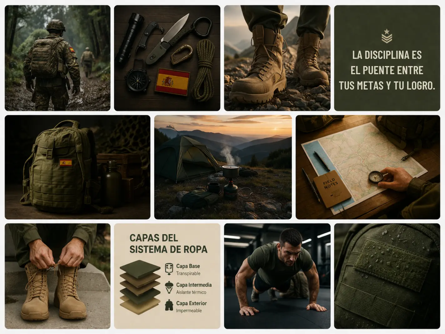 Detalle de equipo táctico, brújula, linterna y accesorios para supervivencia militar